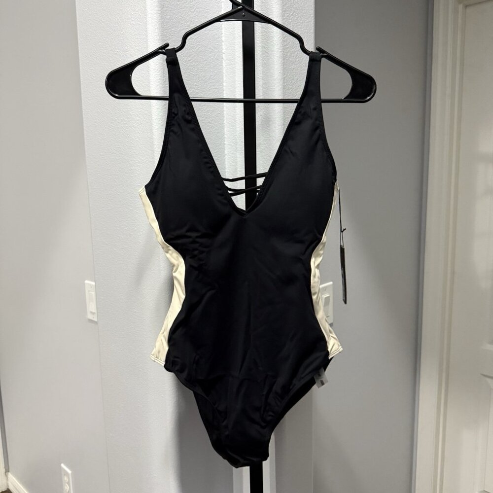 Black One-Piece Swimsuit with Cream Side Panels